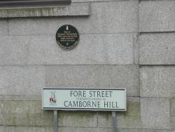 Camborne Hill street name and plaque commemorating Trevithick's steam carriage demonstration in 1801